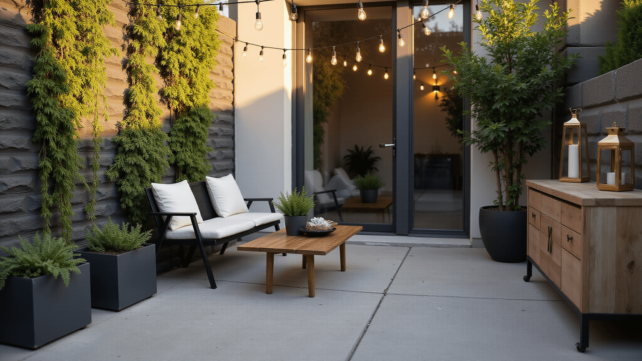 Photorealistic image of a modern urban patio at golden hour, featuring a black metal bistro set with white cushions, a vertical garden wall, Edison bulb string lights, and a weathered teak console table, with warm sunlight casting long shadows and creating a soft bokeh effect.