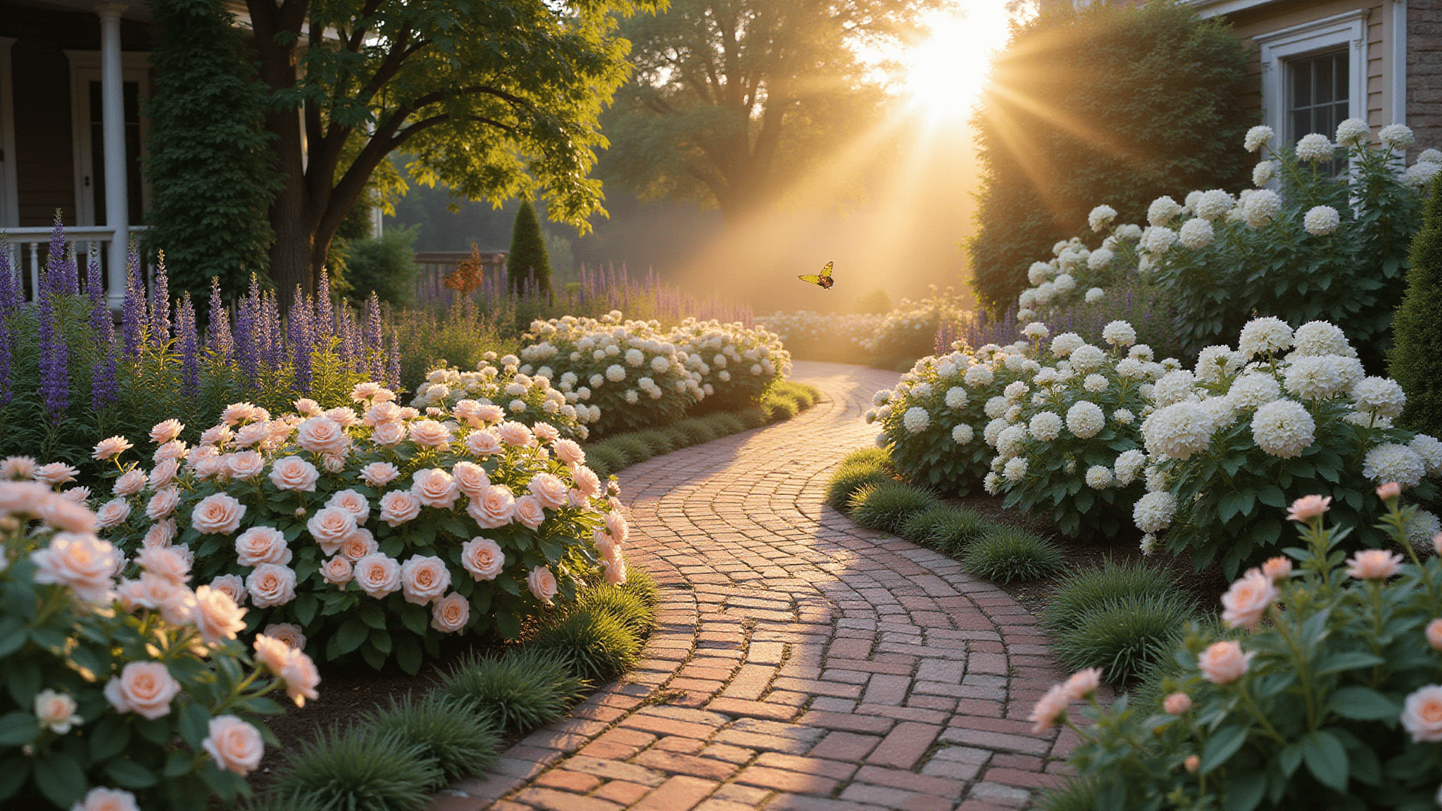 A winding brick pathway through a lush cottage garden at sunrise, featuring pink and white drift roses, purple coneflowers, and lavender, with morning light illuminating white hydrangeas and ornamental grasses, leading to a quaint porch adorned with climbing roses, all set in dreamy bokeh and dappled shadows.