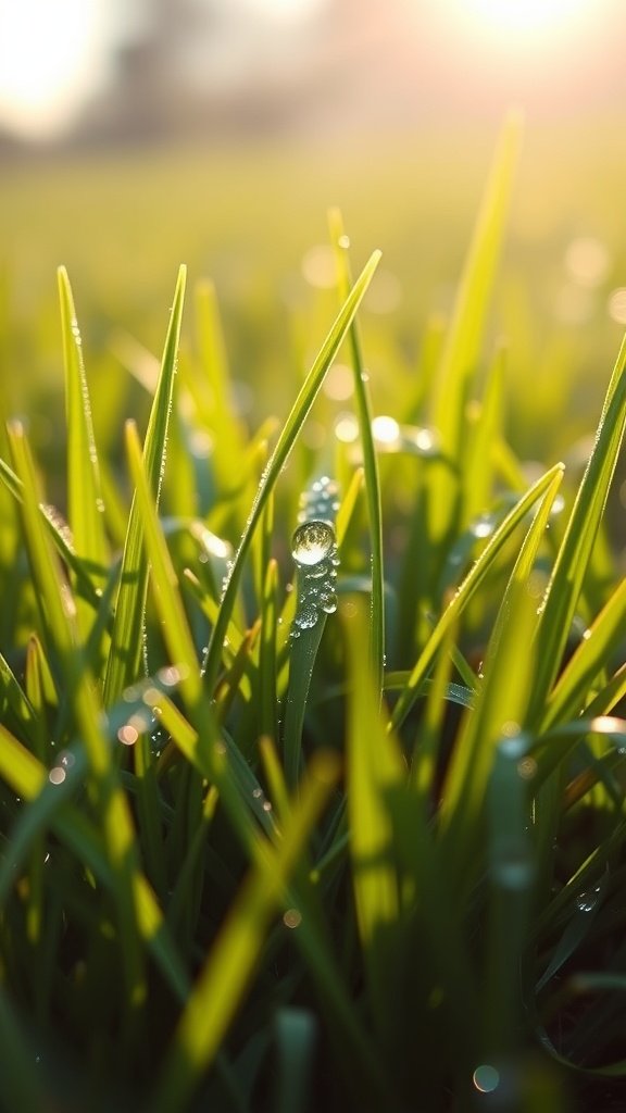 Close-up of grass with morning dew glistening in the sunlight