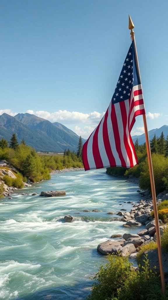 An American flag beside a flowing river with mountains in the background.
