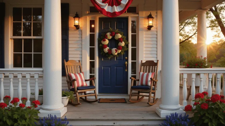 A warm, cinematic wide-angle shot of a grand colonial porch decorated for the Fourth of July, featuring classic bunting, rocking chairs, paper lanterns, and potted flowers, all bathed in golden hour light.