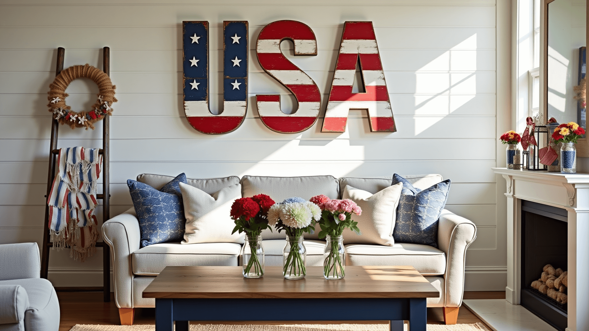 A sun-drenched modern farmhouse living room decorated with DIY patriotic items, featuring a large "USA" sign, a gray sofa with navy pillows, mason jar centerpieces with flowers, faux firecrackers on the mantel, and a pool noodle wreath, all under warm natural light.