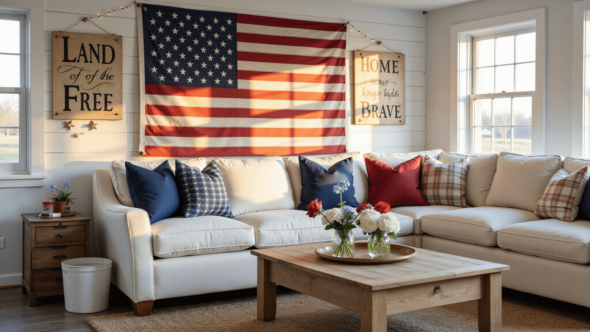A sunlit farmhouse living room featuring white shiplap walls, a distressed wooden American flag, a cream linen sofa with patriotic throw pillows, and a rustic coffee table adorned with floral arrangements, all enhanced by warm ambient lighting and star-shaped string lights.