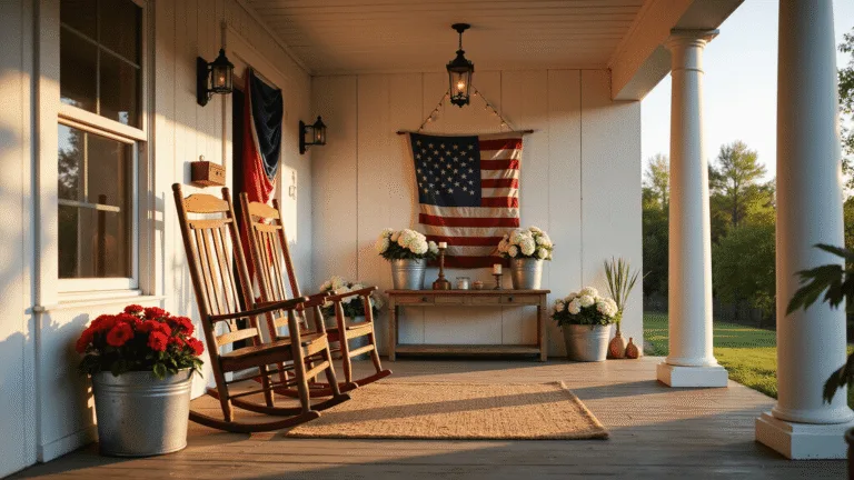 A sun-drenched American farmhouse porch adorned with red, white, and blue bunting, vintage rocking chairs, and overflowing flower buckets, featuring warm shadows and soft sunset bokeh.