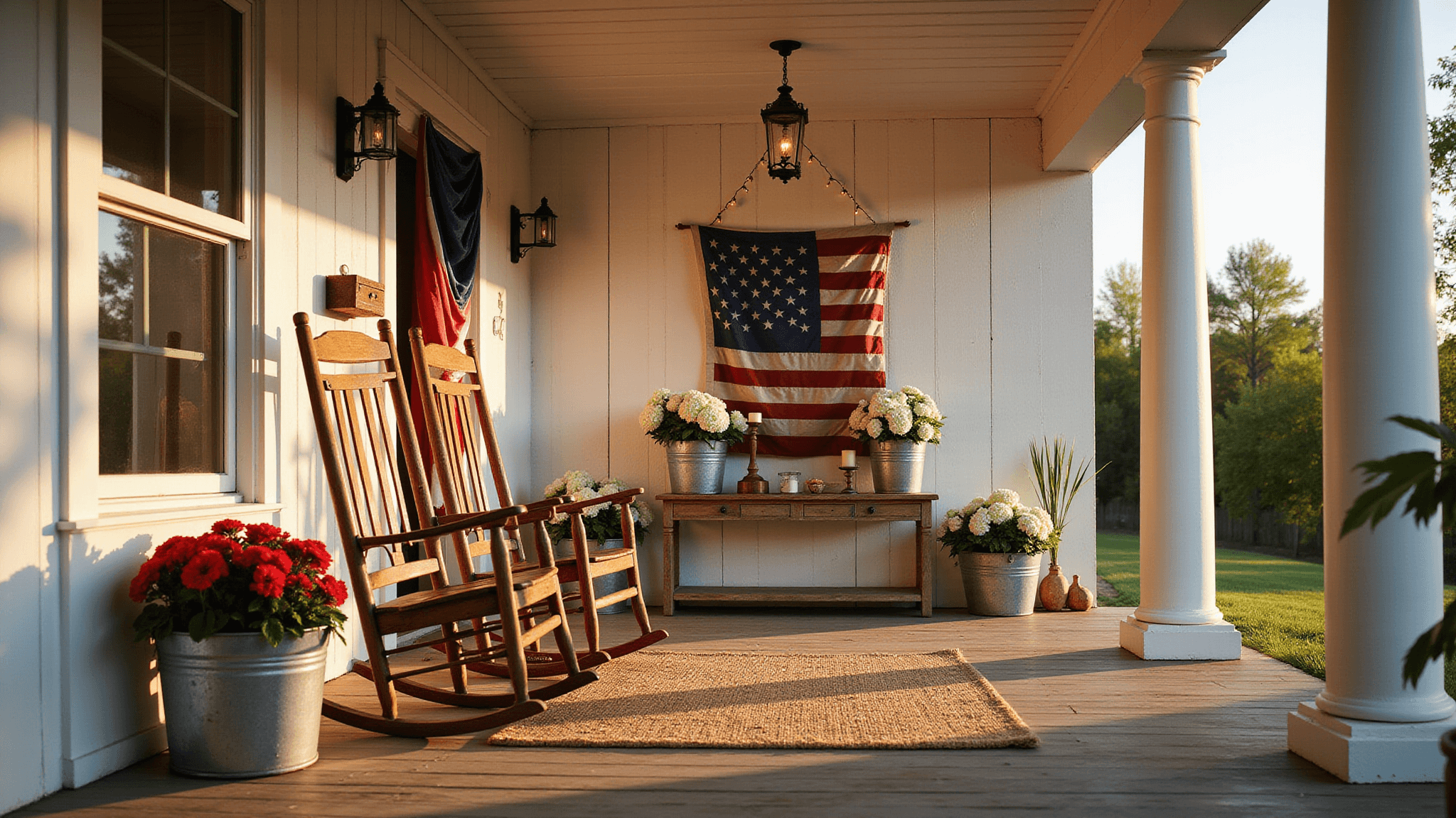 A sun-drenched American farmhouse porch adorned with red, white, and blue bunting, vintage rocking chairs, and overflowing flower buckets, featuring warm shadows and soft sunset bokeh.