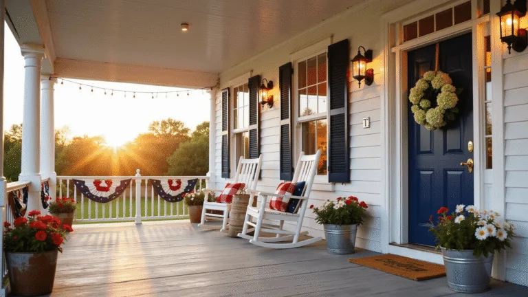 A picturesque farmhouse porch adorned with patriotic decorations, featuring a navy blue door with a handcrafted wreath, vintage rocking chairs with plaid cushions, and vibrant flowers in galvanized buckets, all illuminated by warm sunset light and twinkling string lights.