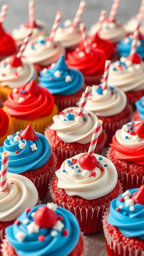 A colorful display of cupcakes in red, white, and blue, decorated for the 4th of July.