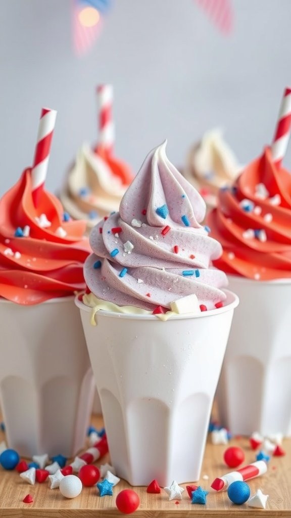 Patriotic ice cream treats with red, white, and blue decorations.