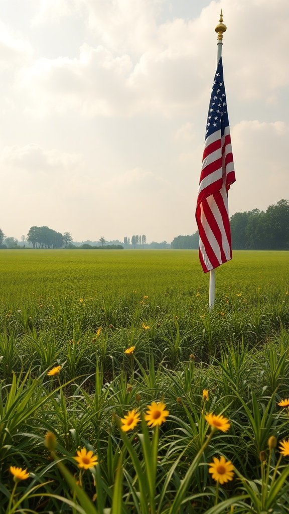 American flag standing in a field with yellow wildflowers