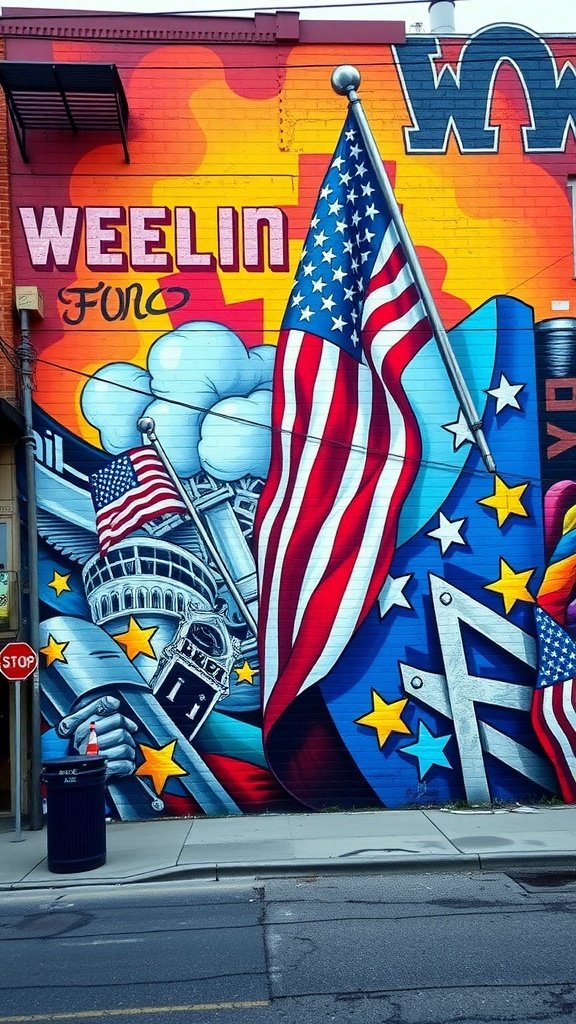 Colorful mural featuring American flags and symbols of patriotism