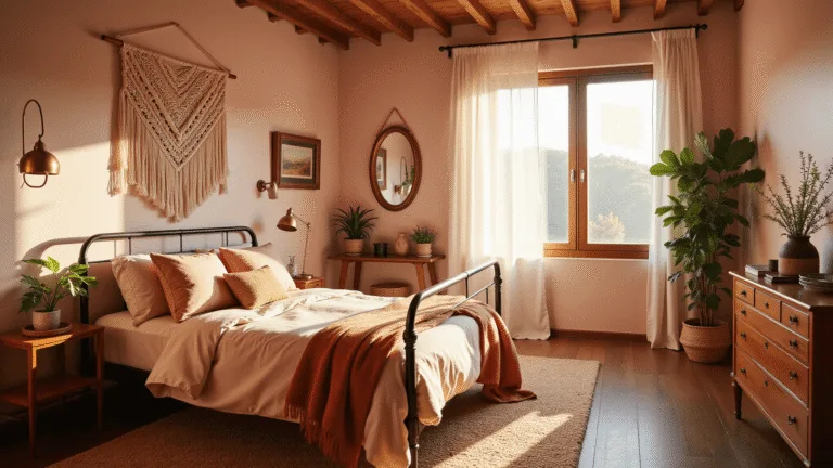 Photorealistic image of a sunlit boho bedroom featuring a vintage iron bed with blush pink linens, warm brass sconces, and macrame wall hangings, all captured with shallow depth of field in soft natural light.