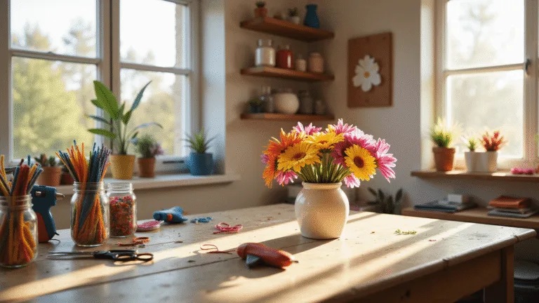 Bright, airy craft room with a rustic wooden workbench covered in colorful pipe cleaners and crafting tools, featuring a centerpiece of handmade pipe cleaner flowers in a white vase, surrounded by organized supplies on shelves, captured in warm golden hour lighting.