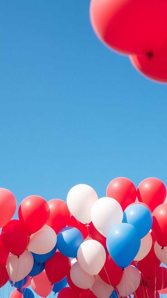 A colorful cluster of red, white, and blue balloons against a clear blue sky.