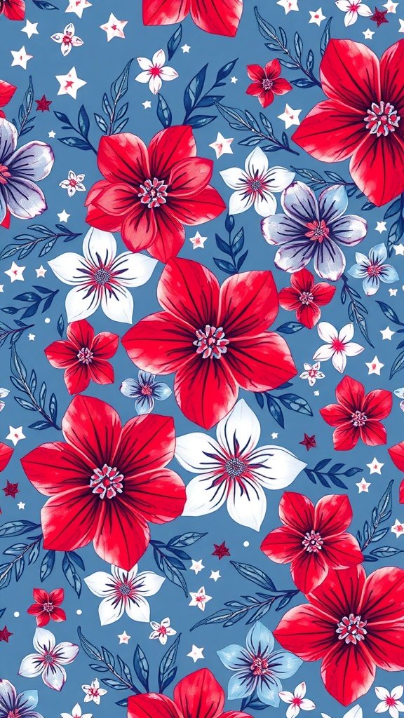 Red, white, and blue floral design for 4th of July phone wallpaper