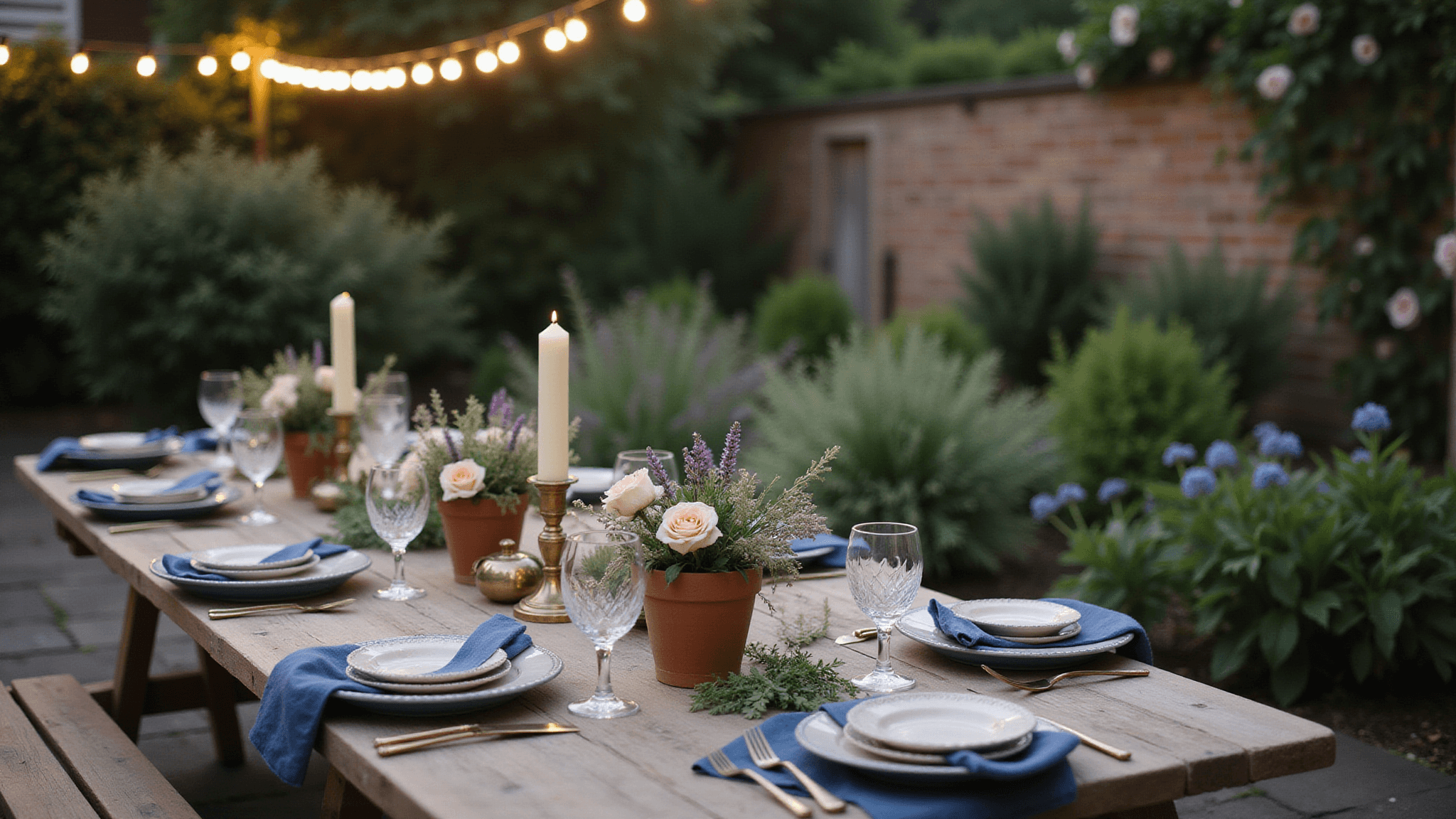 A romantic garden tablescape at dusk featuring a weathered teak dining table with scalloped cream dinnerware, indigo linen napkins, and antique brass cutlery, illuminated by warm string lights. The table is adorned with English roses and French lavender in terracotta pots, crystal wine glasses, and vintage brass candlesticks, surrounded by a lush garden creating a moody, intimate atmosphere.