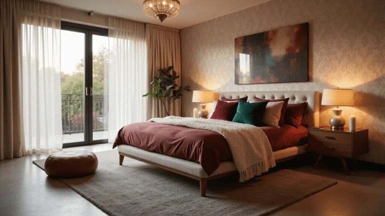 Cinematic high-end interior photograph of a romantic master bedroom with luxurious burgundy silk bedding and warm ambient lighting, featuring sheer white curtains, vintage brass lamps, and an elaborate chandelier, captured during golden hour for a soft, intimate atmosphere.