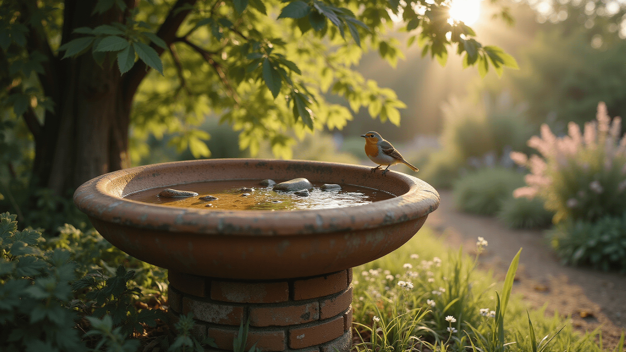 Photorealistic wide-angle shot of a rustic garden bird bath on a weathered brick pedestal, filled with shallow water and surrounded by colorful cottage flowers, a small robin perched on the rim, dappled sunlight filtering through leaves, soft bokeh background, captured in natural earth tones during golden hour.