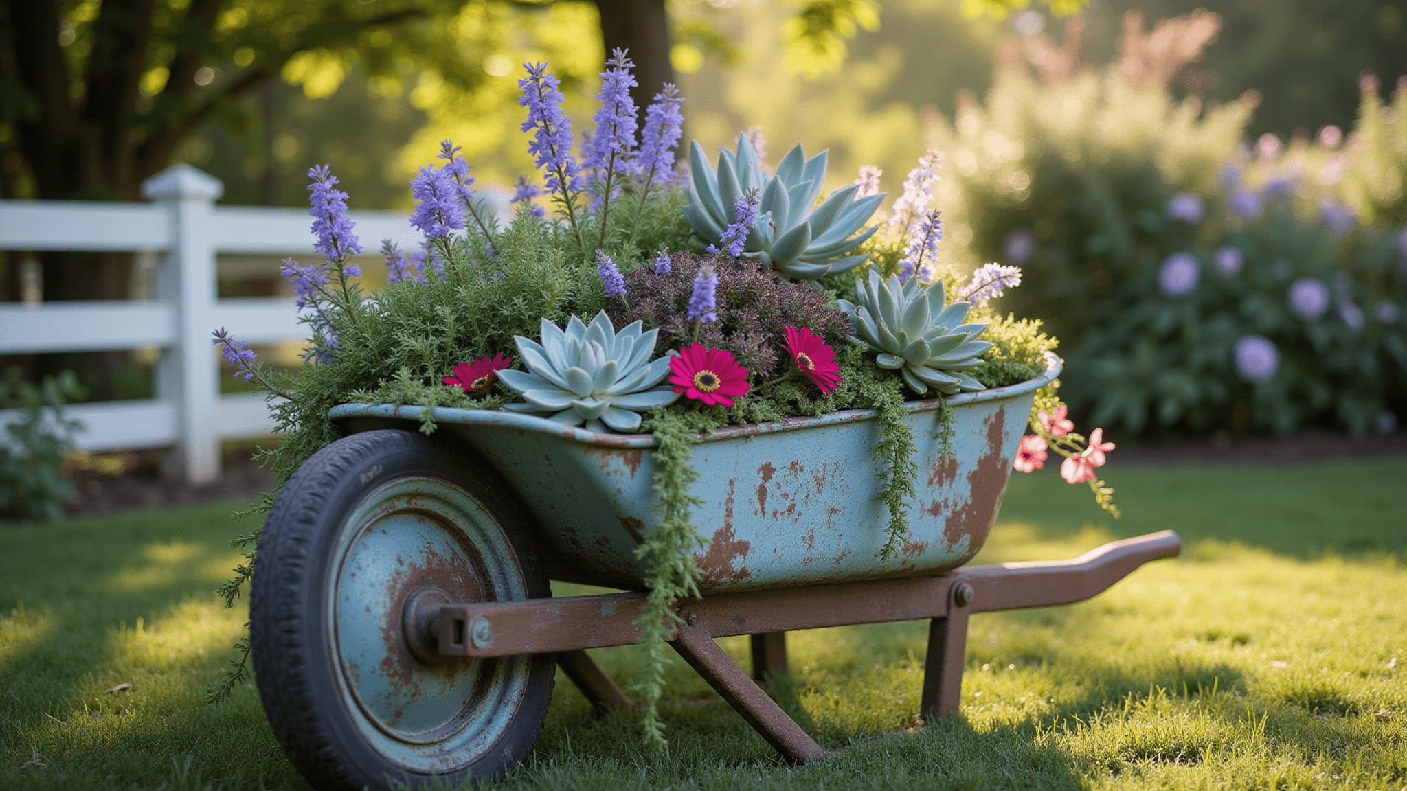 A hyperrealistic image of a weathered blue-gray wheelbarrow planter filled with vibrant succulents and cottage flowers, positioned in a sun-dappled garden with soft morning light, dew on the plants, and a blurred background of a cottage garden with a white fence and climbing roses.