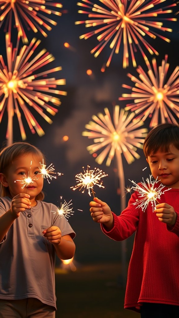 Two children holding sparklers with fireworks in the background