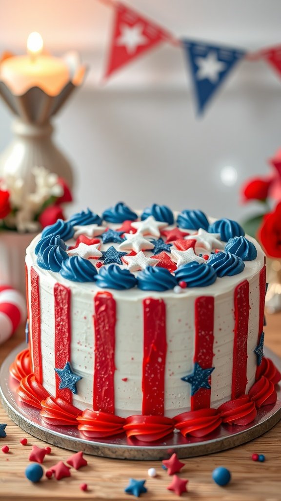 A beautifully decorated cake with red and blue icing, featuring stars and stripes, perfect for a 4th of July celebration.