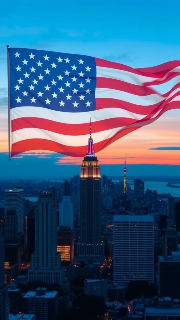 American flag over city skyline at sunset for 4th of July