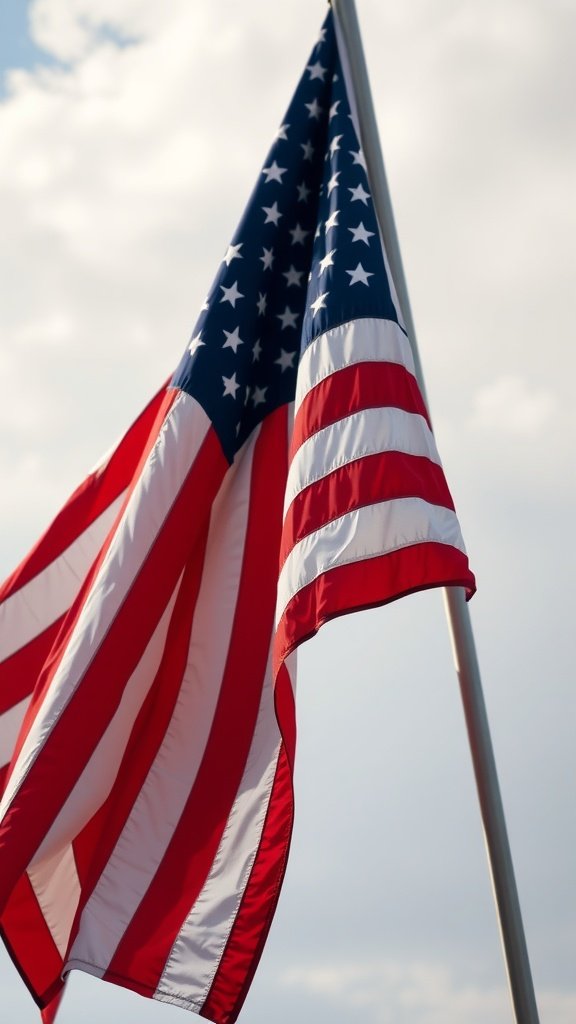 American flag waving against a cloudy sky