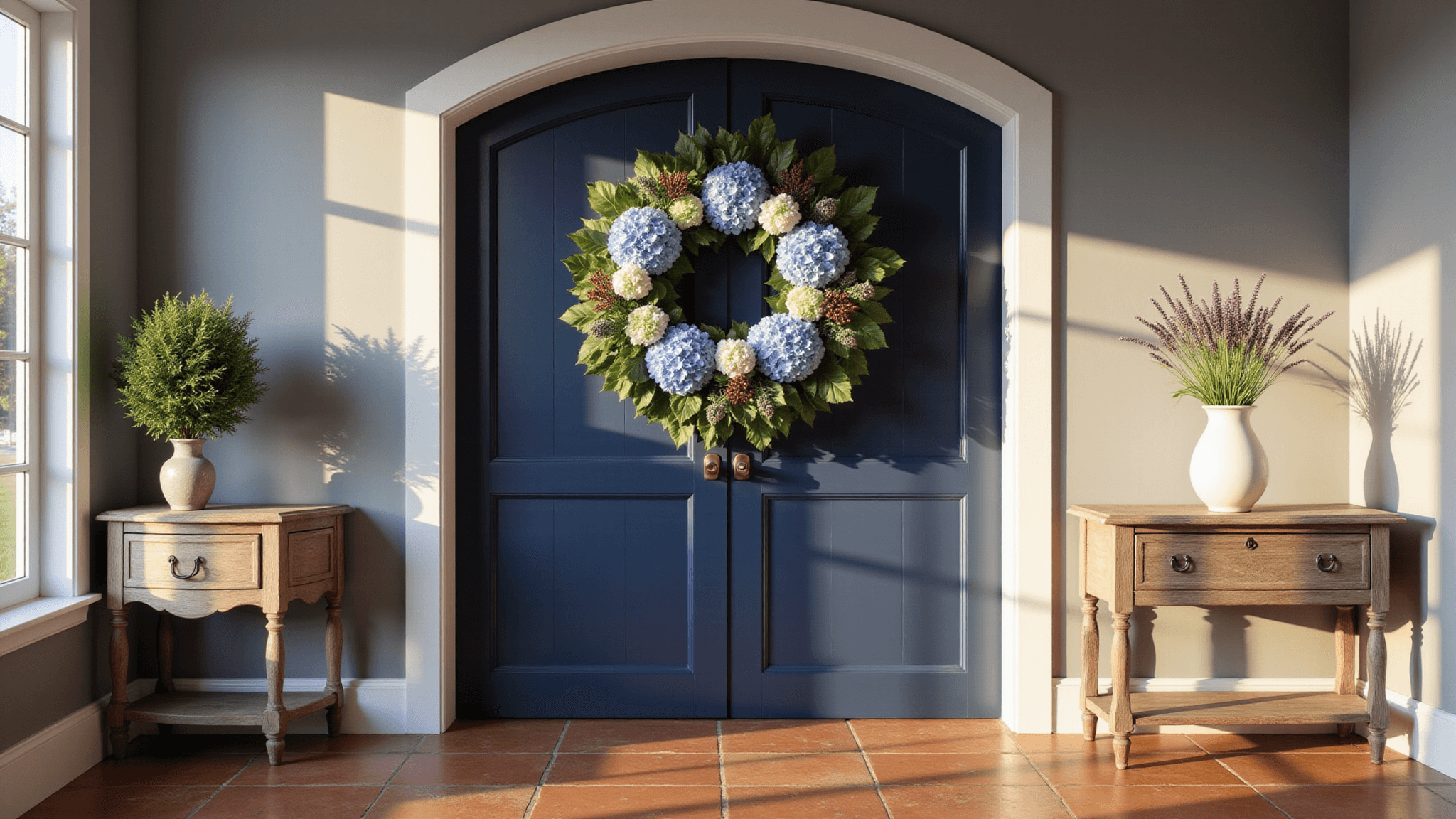 A photorealistic entryway featuring a navy blue arched door adorned with a large hydrangea wreath, complemented by a weathered oak console table with a white vase of lavender, all bathed in golden sunlight.