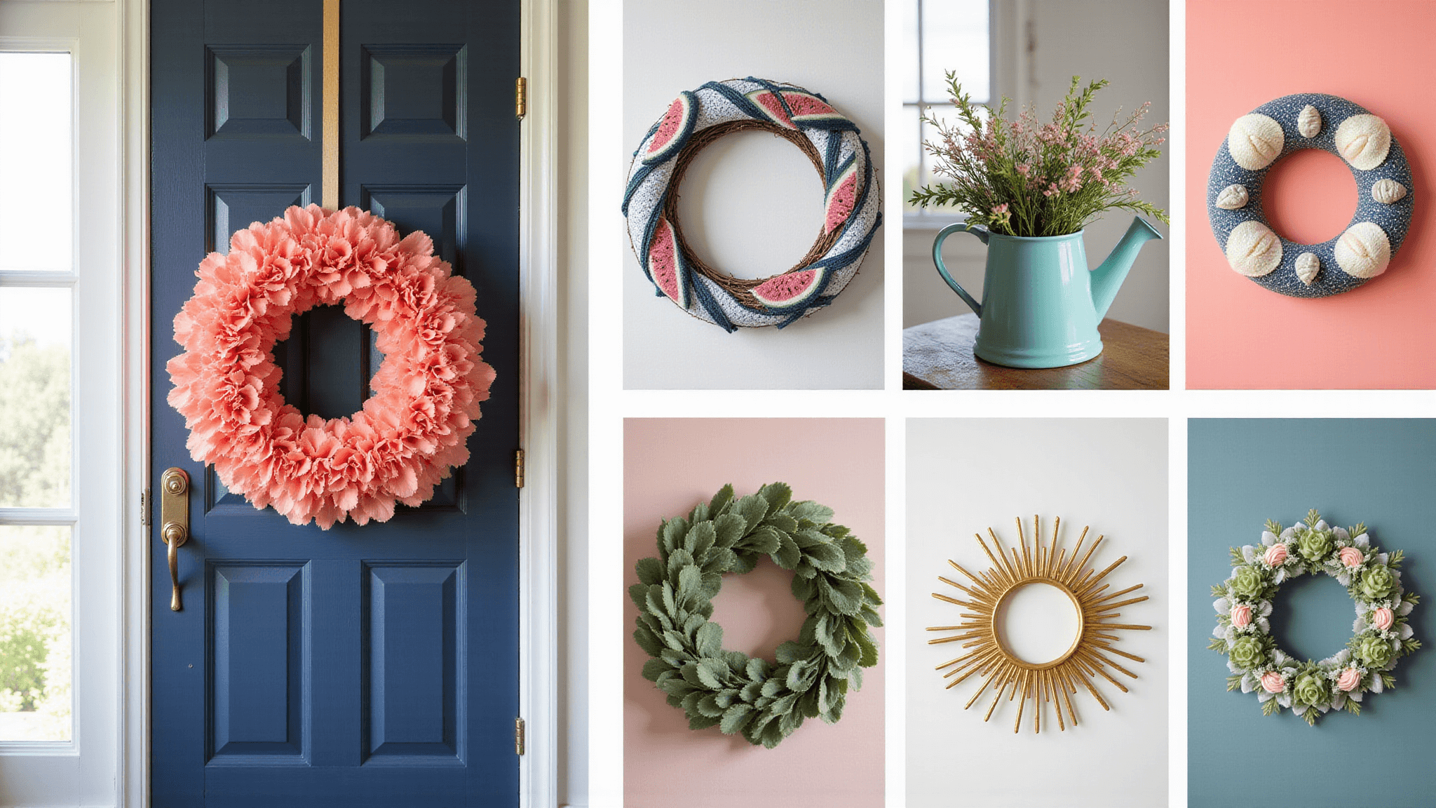Photorealistic summer wreath collection featuring a coral and pink peony wreath on a navy door, surrounded by five diverse wreaths in vibrant hues, all captured in a bright studio with professional lighting.