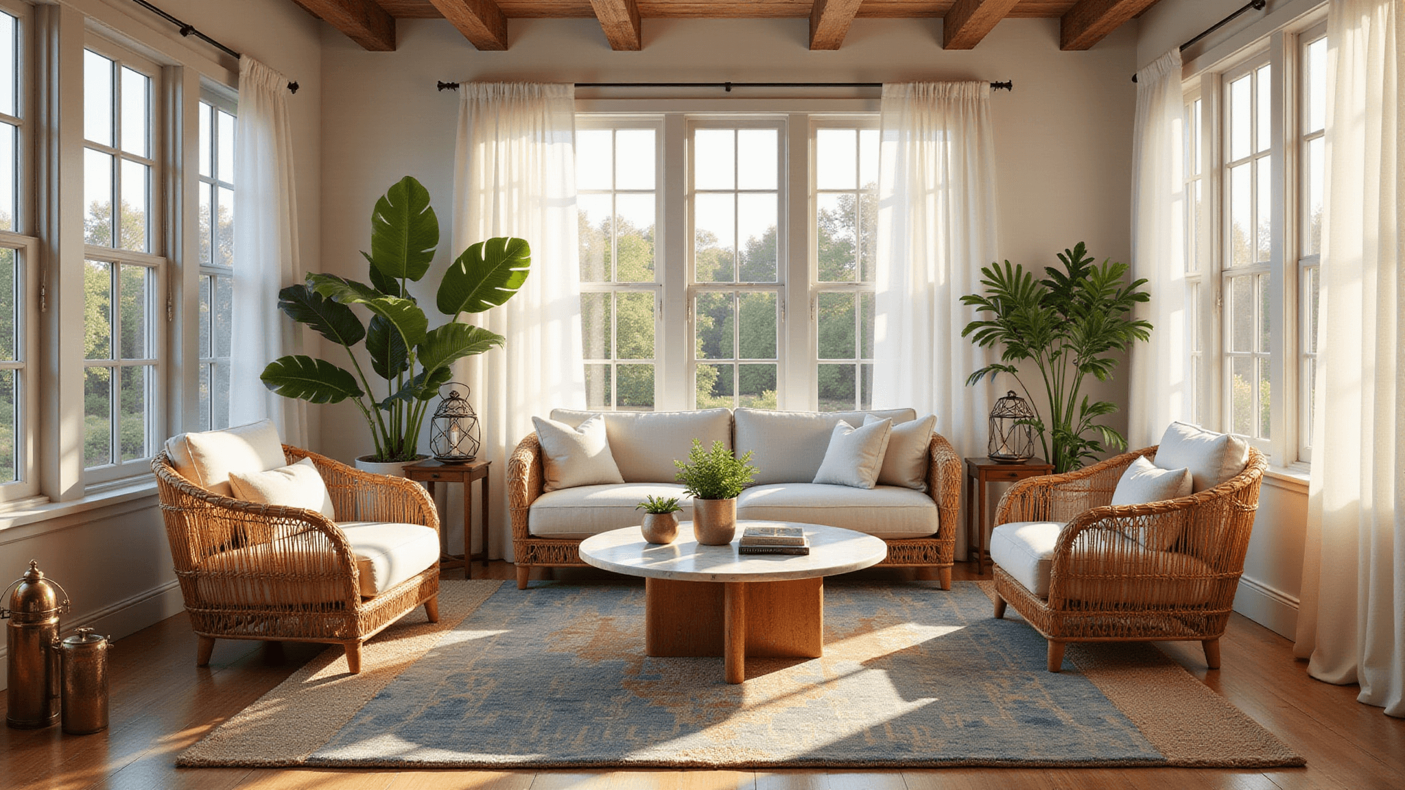 A sunlit tropical colonial sunroom featuring whitewashed wooden beams, floor-to-ceiling windows with sheer curtains, rattan peacock chairs, a round marble coffee table, and a vintage Persian rug, adorned with potted plants and brass lanterns, bathed in warm golden hour light.
