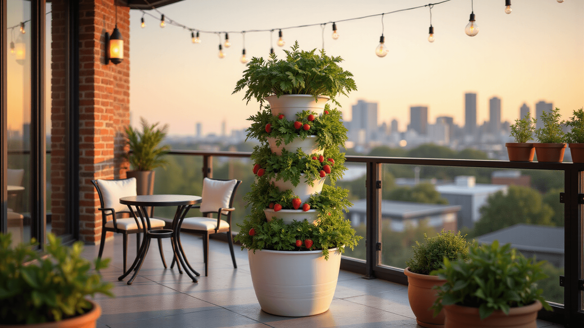 A sun-drenched urban balcony featuring a tall 6-tier white metal strawberry planter with lush greenery and ripe red strawberries, surrounded by terracotta herb pots and a black bistro set, all illuminated by string lights against a warm sunset city skyline.
