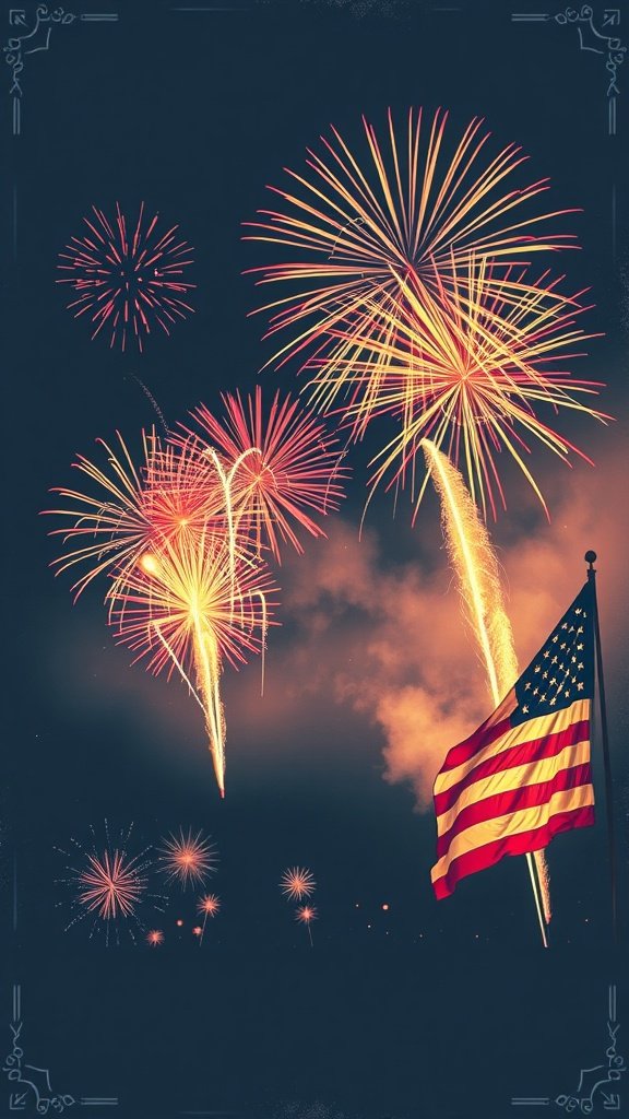 A vintage-style image featuring fireworks and an American flag, perfect for 4th of July decorations.