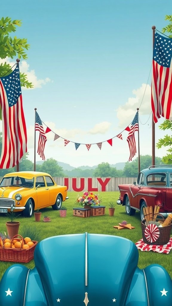 A vintage scene with classic cars, flags, and decorations for the 4th of July.