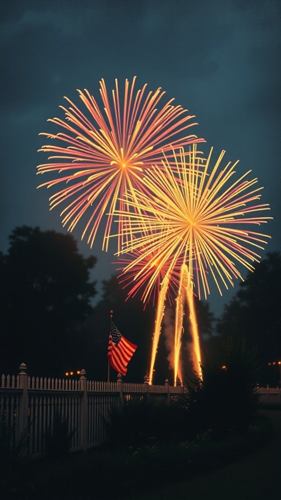 Vintage style poster of fireworks against a dark sky with an American flag in the foreground.