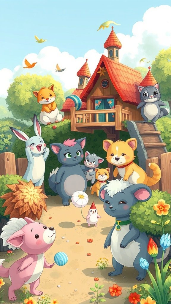 Colorful illustration of adorable animals around a whimsical treehouse.