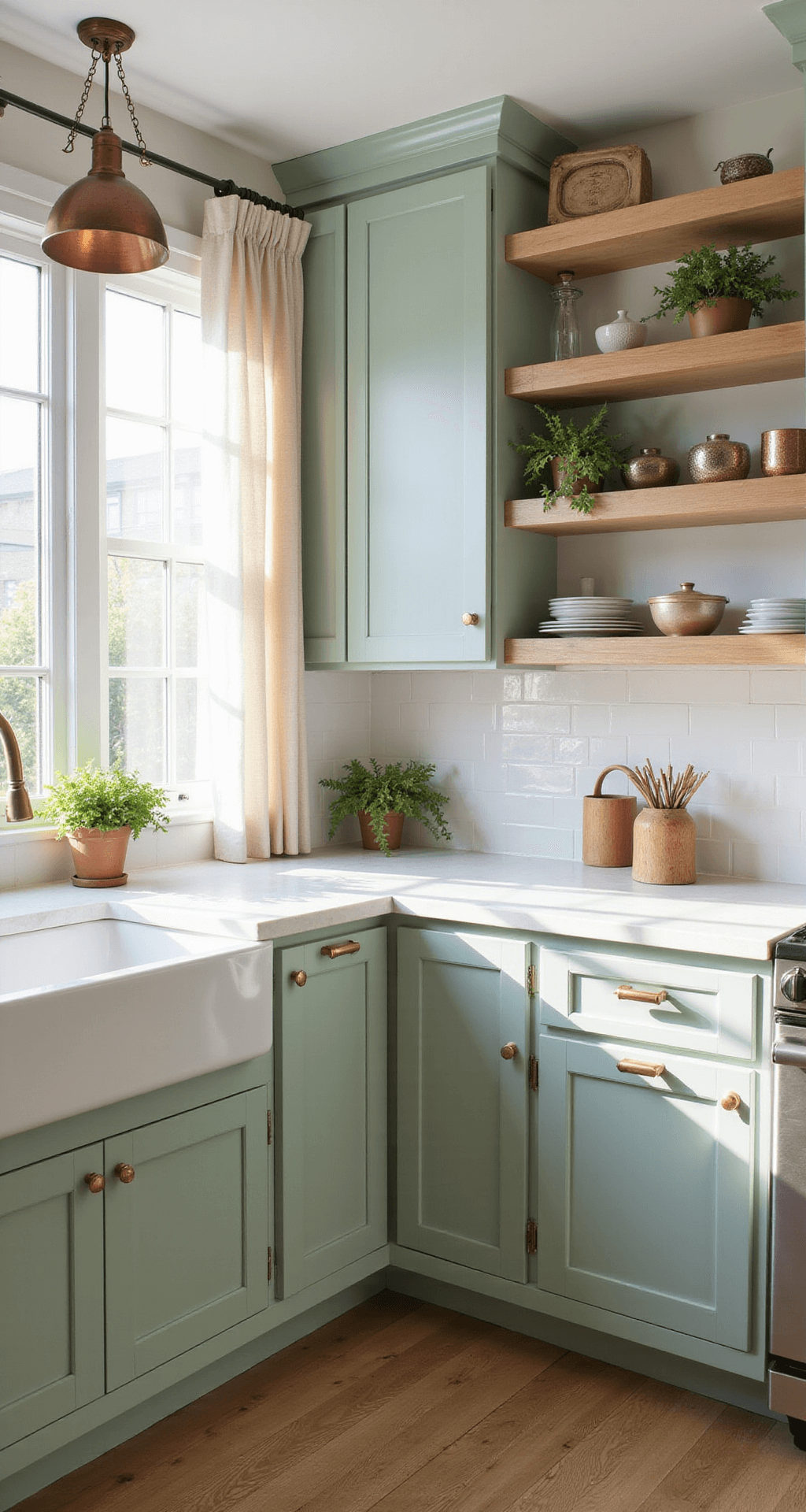 Modern farmhouse kitchen featuring light sage green cabinets and a white quartz waterfall island, illuminated by early morning sunlight through sheer linen curtains. The room includes vintage copper pendant lights, open shelving with artisanal ceramics and herbs, all set against wide-plank white oak flooring, with a focus on cabinet details and a soft, airy atmosphere.