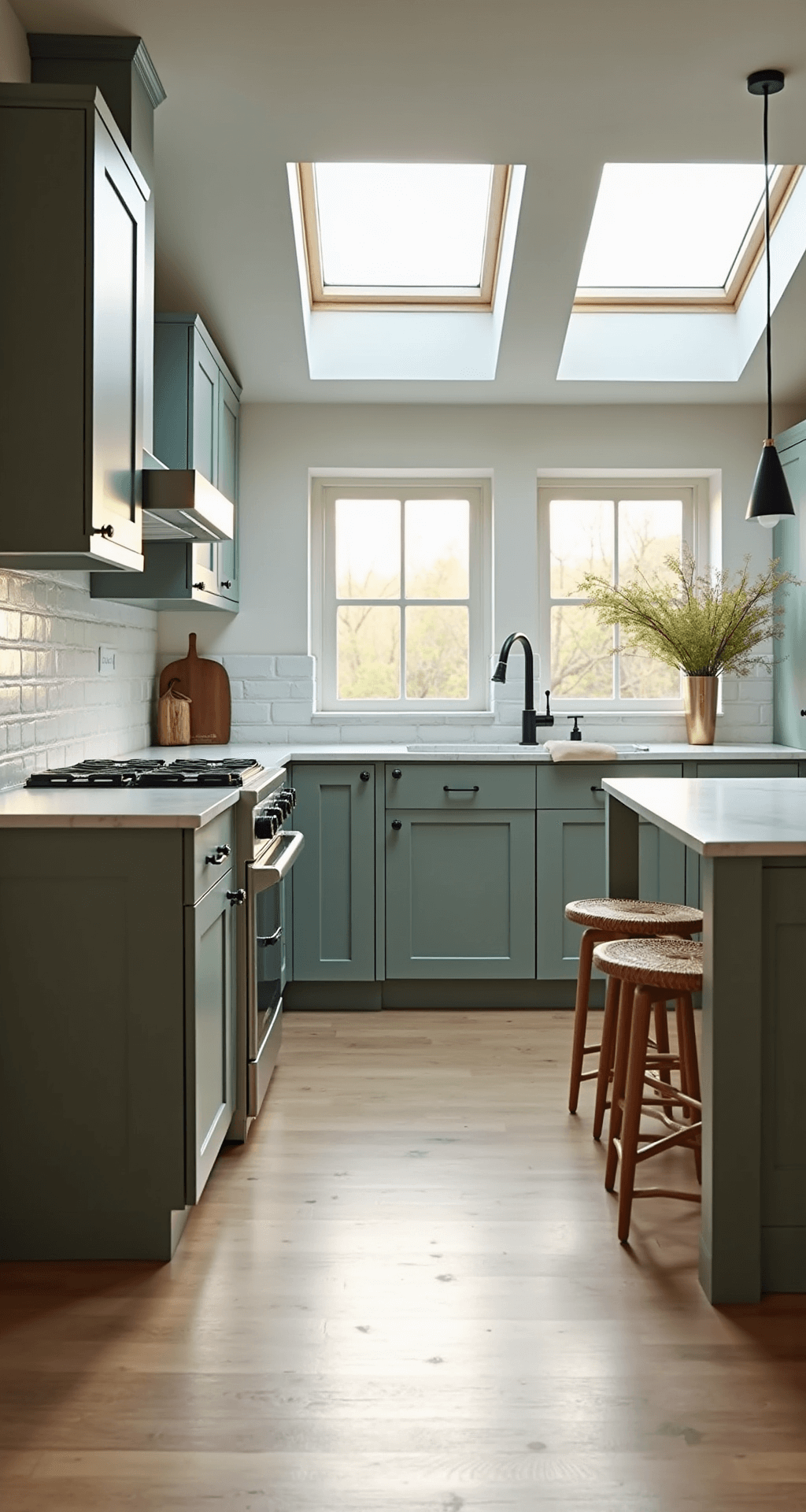 Minimalist Scandinavian kitchen with light gray-green cabinets, marble countertops, and whitewashed brick backsplash, illuminated by golden hour light filtering through skylights.