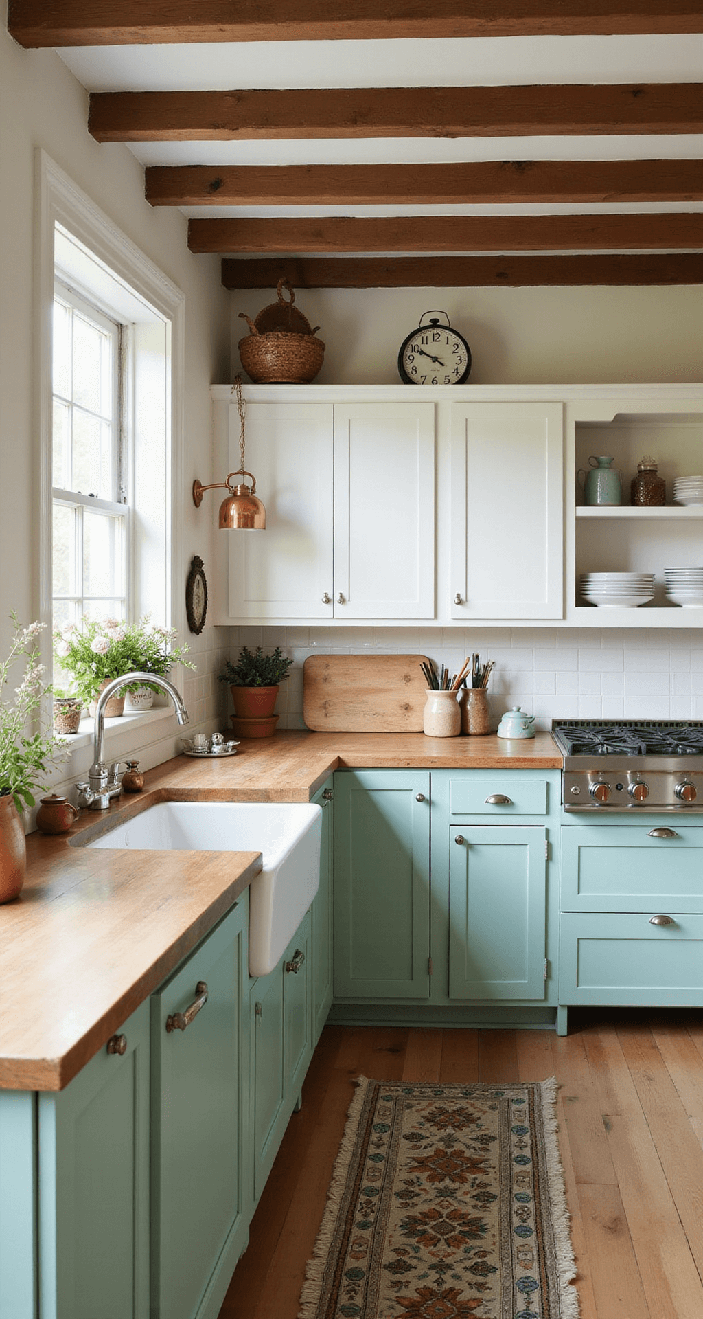 Cozy cottage kitchen with mint green lower cabinets and white upper cabinets, butcher block countertops, copper pot rack, vintage runner rug, and fresh flowers, illuminated by mid-morning diffused light.