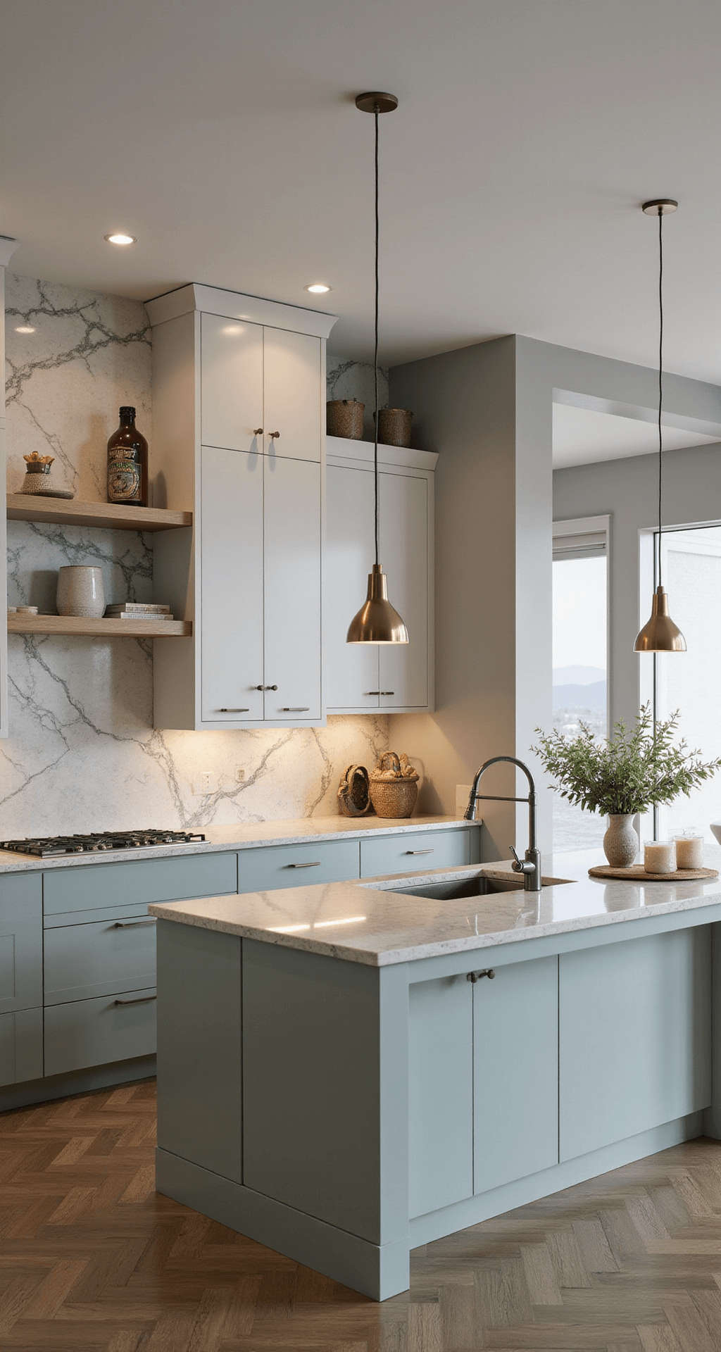 A contemporary open-plan kitchen featuring a double-height ceiling, dusk lighting, and modern linear pendant lights. The design showcases light sage lower cabinets paired with white upper cabinets, complemented by a dramatic marble backsplash extending to the ceiling. Mixed metallic hardware in brass and chrome adds elegance, while floating shelves display minimalist décor. A wide-angle view from the dining area emphasizes the vertical space and strategic accent lighting highlighting the cabinet profiles, creating a sophisticated and dramatic atmosphere.