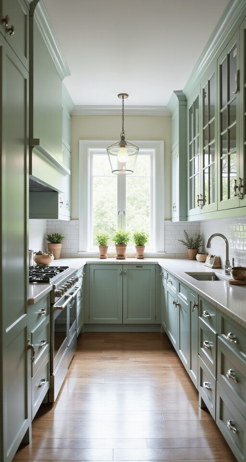 A traditional galley kitchen featuring pale mint green cabinets, Carrara marble countertops, and polished nickel fixtures, illuminated by mid-day natural light from south-facing windows, with a symmetrical view down the center and potted herbs lining the windowsill.