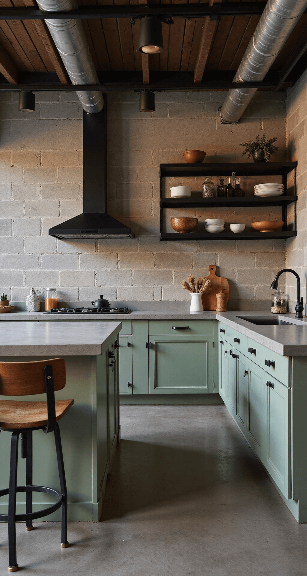A spacious industrial-modern kitchen featuring exposed ductwork, sage green lower cabinets, concrete countertops, and blackened steel upper shelving units. The evening atmosphere is illuminated by track lighting, casting dramatic shadows, while vintage industrial stools add character to the raw yet refined space.