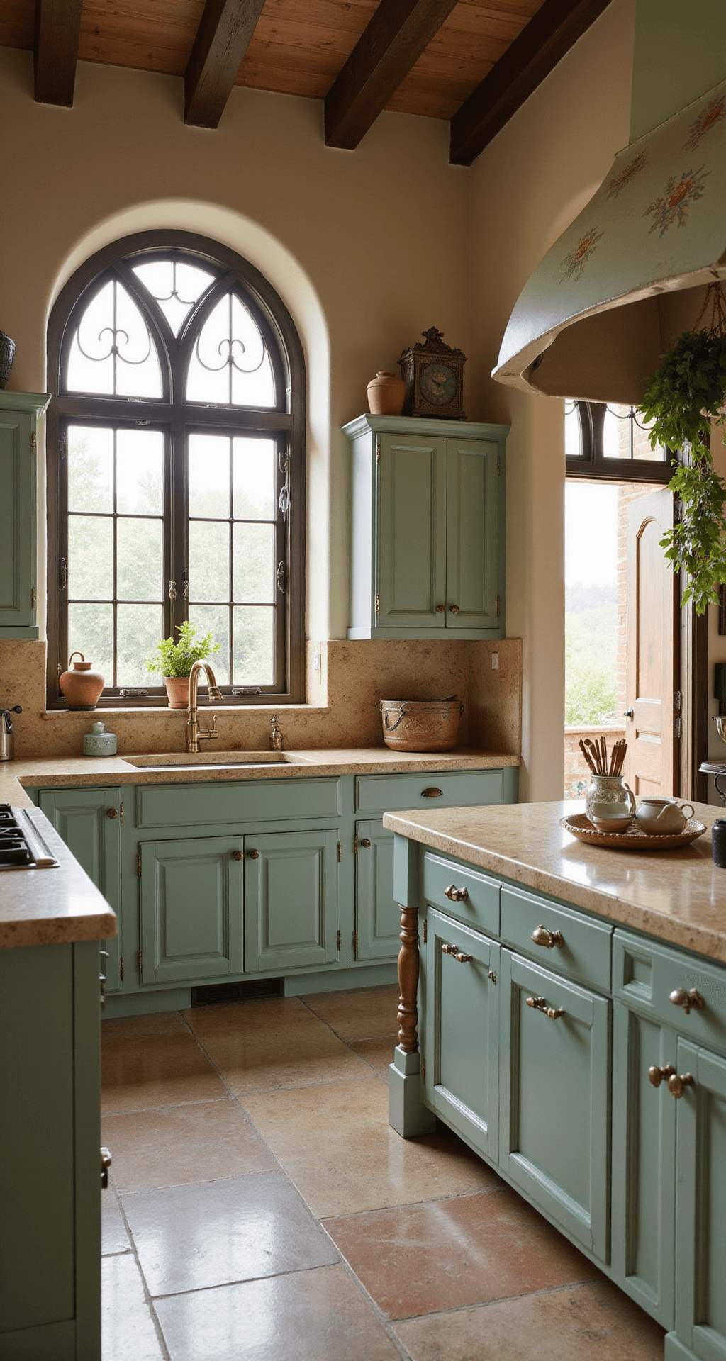 A Mediterranean-inspired kitchen featuring soft sage green cabinets, hand-painted tile backsplash, limestone countertops, and antique brass fixtures, illuminated by late morning light through wrought iron windows and accented with terra cotta decor and hanging herbs.