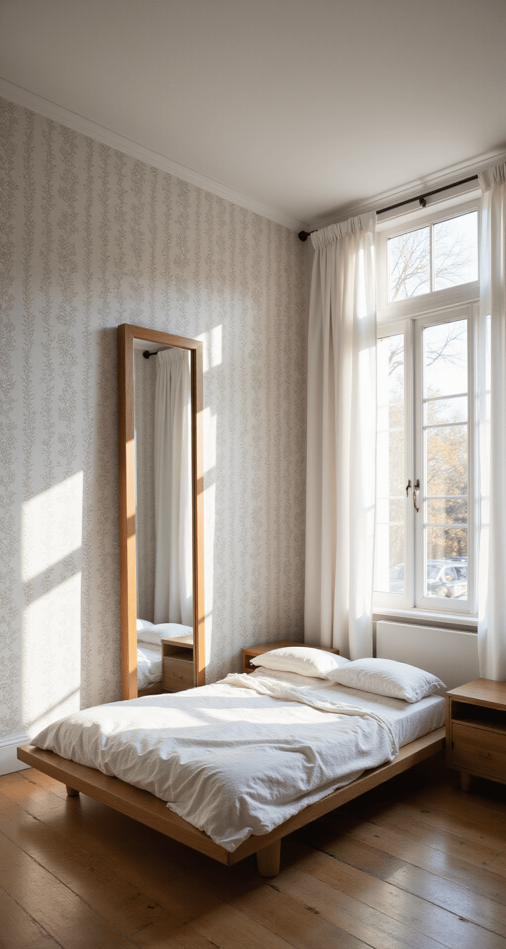 A cozy 10x12ft bedroom with morning light streaming through floor-to-ceiling windows, featuring white botanical wallpaper, a minimal platform bed with cloud-white linens, floating wooden nightstands, tall white curtains, and an elongated mirror, all bathed in soft golden hour lighting.