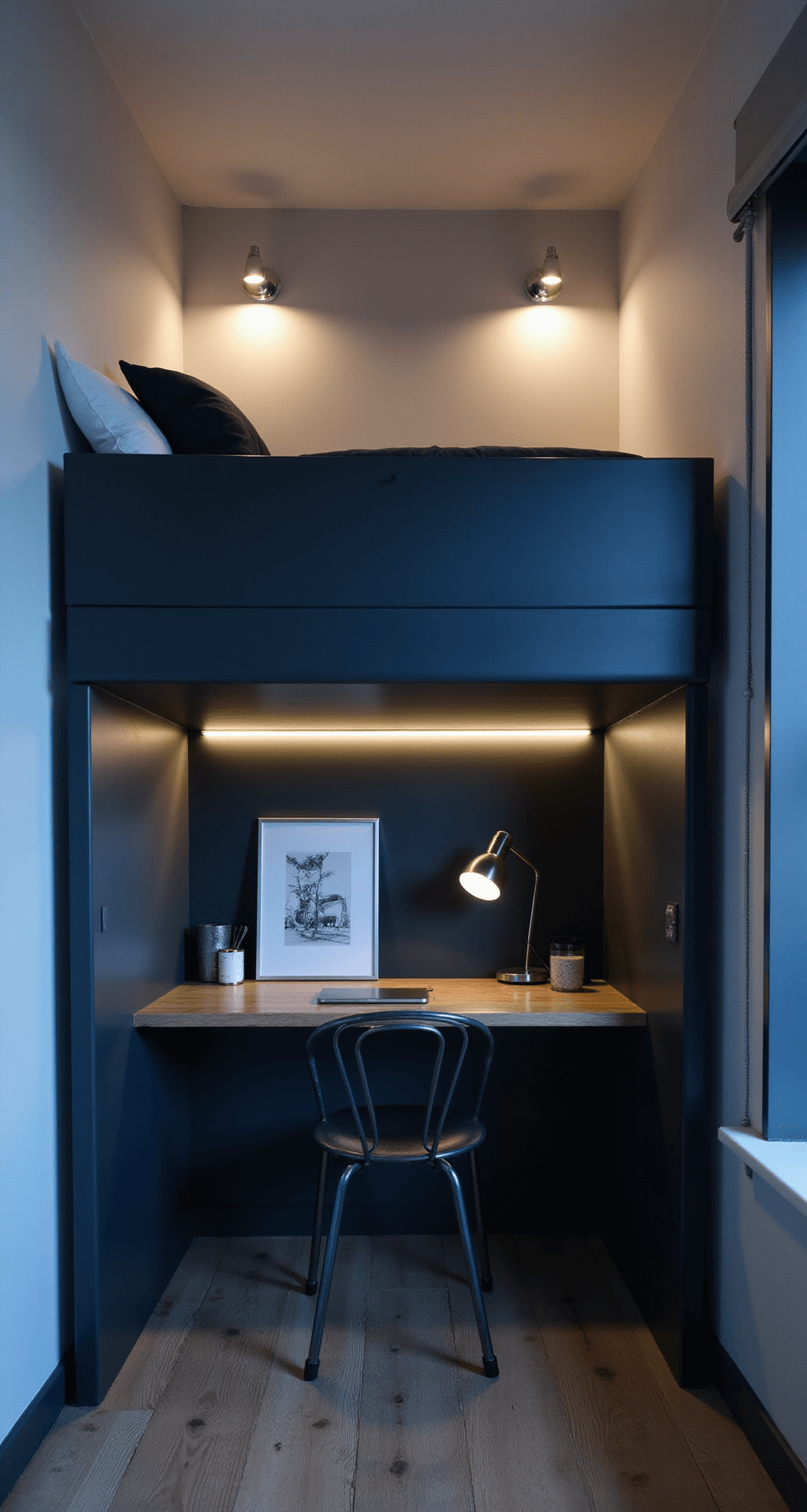An intimate bedroom scene features a dramatic matte black loft bed with a workspace underneath, illuminated by built-in LED strip lighting. The pale gray walls are adorned with chrome wall sconces, casting warm uplighting, while a slim metal chair complements an industrial-style desk. The shot is taken from a low angle, emphasizing the ceiling height and vertical space, with cool evening tones and motivated lighting creating cozy pockets of illumination.