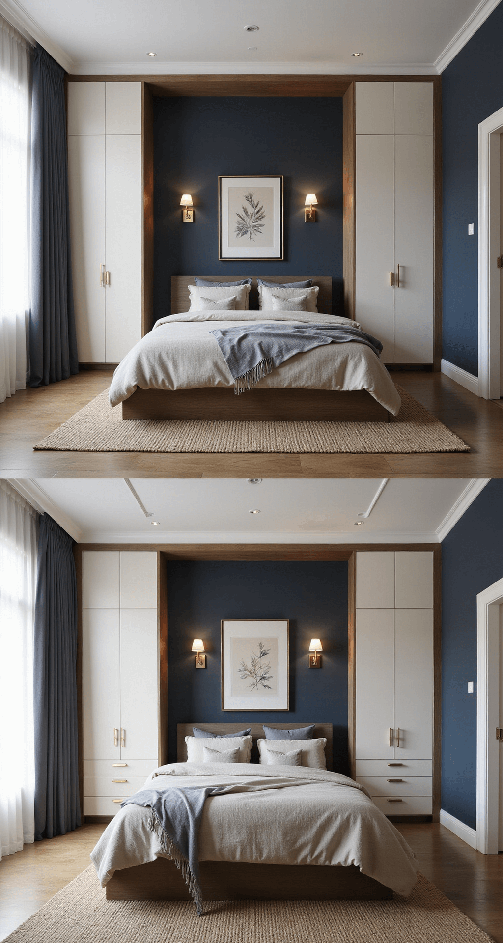 A sophisticated 9x11ft bedroom featuring a murphy bed in both closed and open positions, showcasing a rich navy accent wall, cream-colored built-in storage, brass hardware, and modern art. The shot captures soft afternoon light and functional design elements in a documentary style.