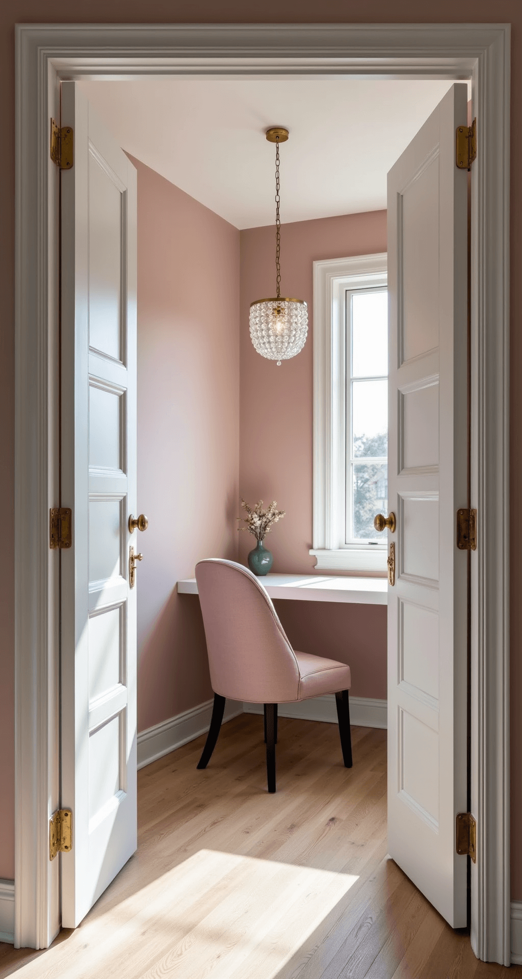 Bright 10x10ft bedroom featuring a floor-to-ceiling custom closet, French doors opening to a compact home office nook with a floating desk and velvet accent chair, blush pink walls with gold hardware, and a crystal pendant light, shot at a 45-degree angle to highlight depth and functionality in mid-morning natural light.