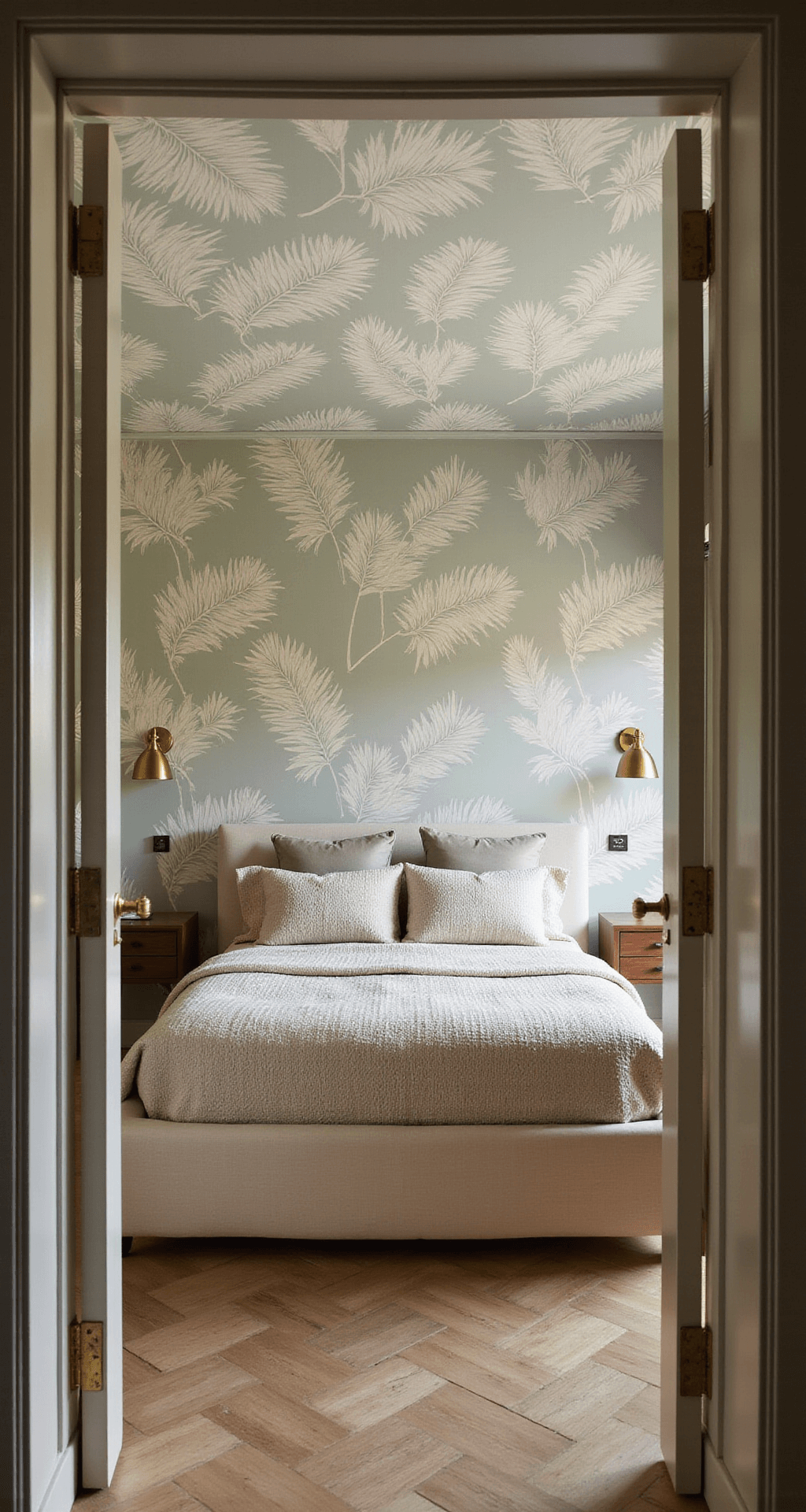Modern bedroom featuring oversized sage green and cream palm print wallpaper, a platform bed with storage drawers, textured neutral bedding, and brass sconces above walnut nightstands, captured in golden hour lighting.