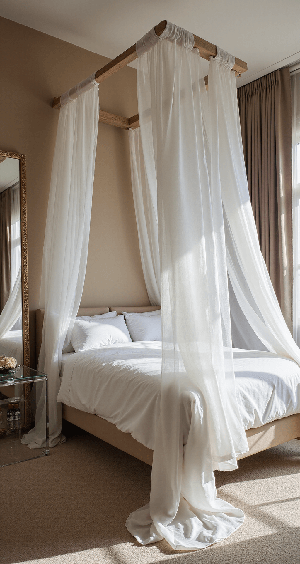 Intimate bedroom featuring a canopy bed with sheer white draping, warm greige walls, and floor-to-ceiling mirrors, captured in late afternoon light from a corner angle, highlighting reflections and a romantic atmosphere with contemporary design elements.