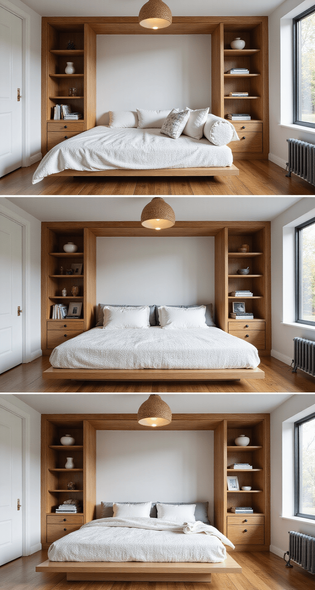 Compact bedroom featuring a multifunctional daybed styled for sleeping, seating, and lounging, with warm wood built-in shelving, textured white walls, and a rattan pendant light, captured in bright midday light to highlight versatility and functionality.