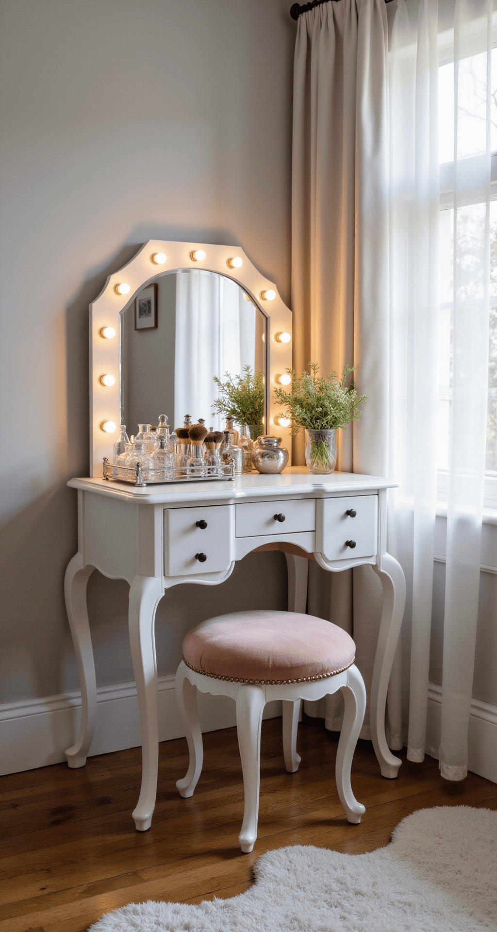 A sunlit master bedroom corner featuring a white three-drawer vanity table with curved legs, a rounded mirror with warm LED bulbs, a plush blush pink stool, and organized crystal perfume bottles on a mirrored tray, all illuminated by morning light streaming through sheer curtains.