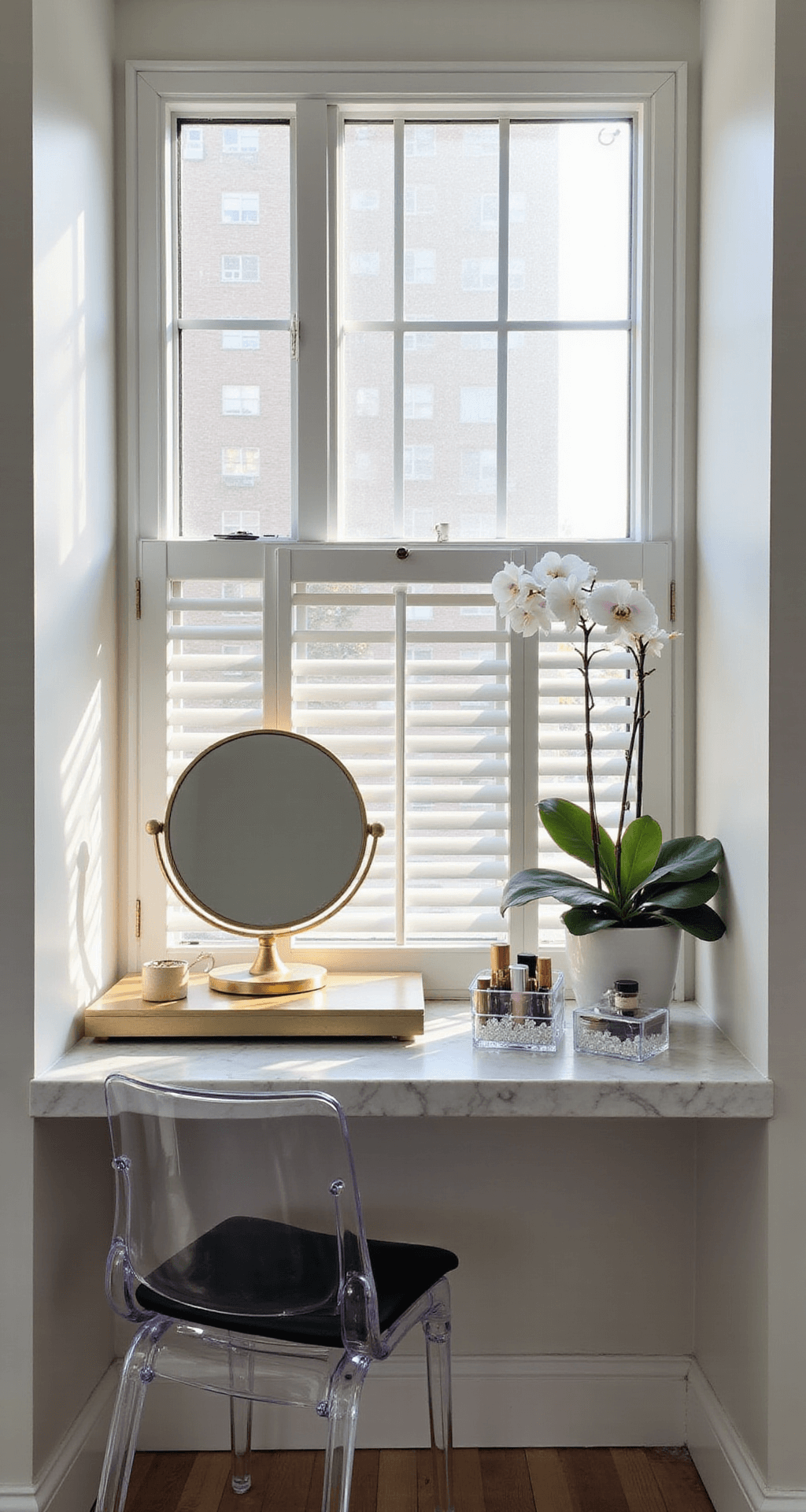 Intimate window nook featuring a floating marble shelf vanity with a brass-framed adjustable mirror, a Lucite ghost chair, organized acrylic makeup organizers, and a potted orchid, illuminated by soft natural light from white plantation shutters, creating a bright and airy minimalist atmosphere.